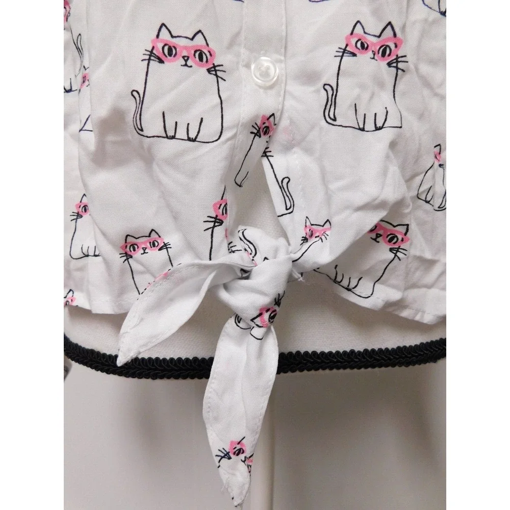 Justice Girls White Blouse with Cats Size 20 Ties in front at waist‎